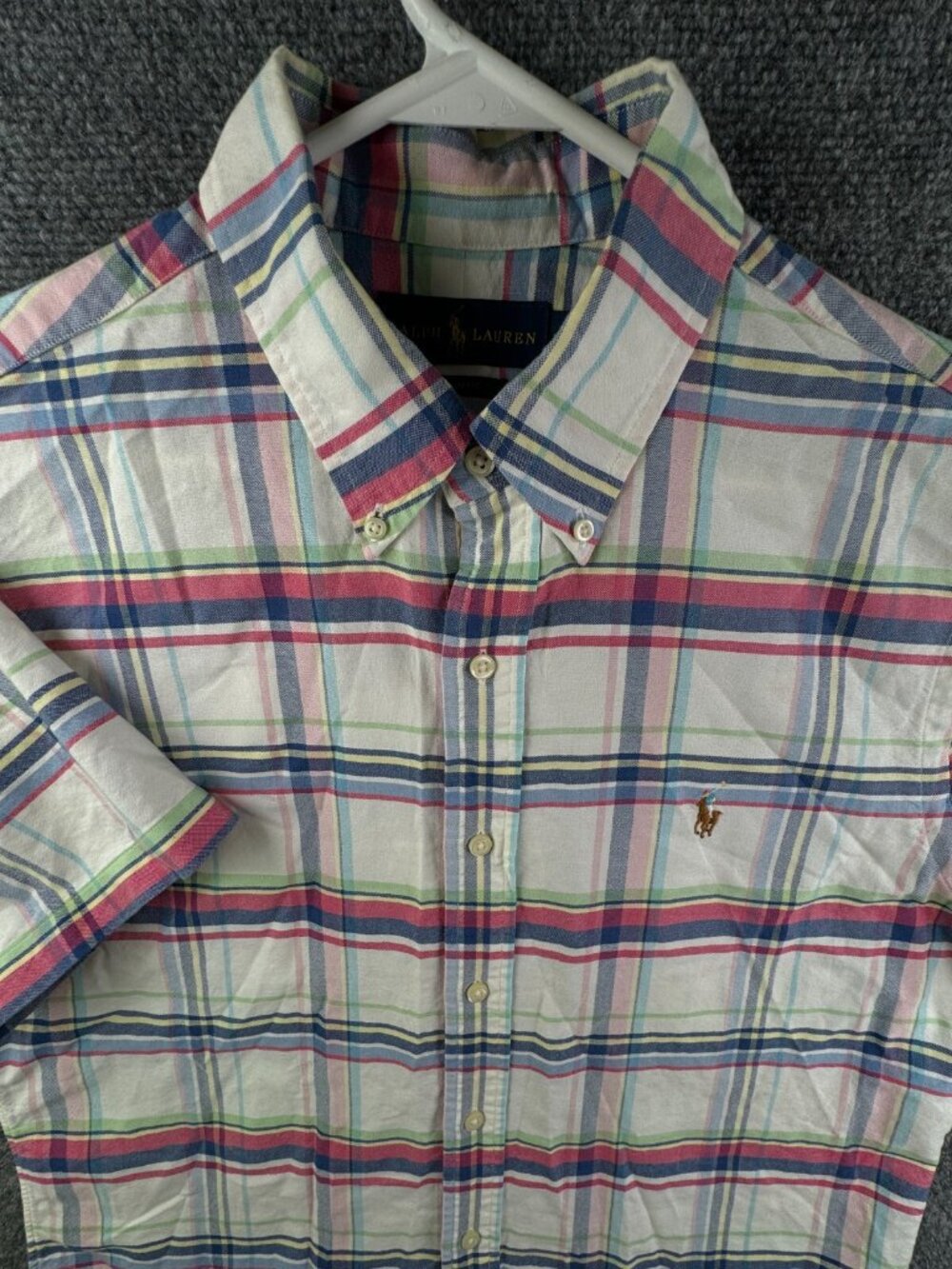 Ralph Lauren Short Sleeve Button Up Shirt Cotton Plaid Large Slim Fit Colorful